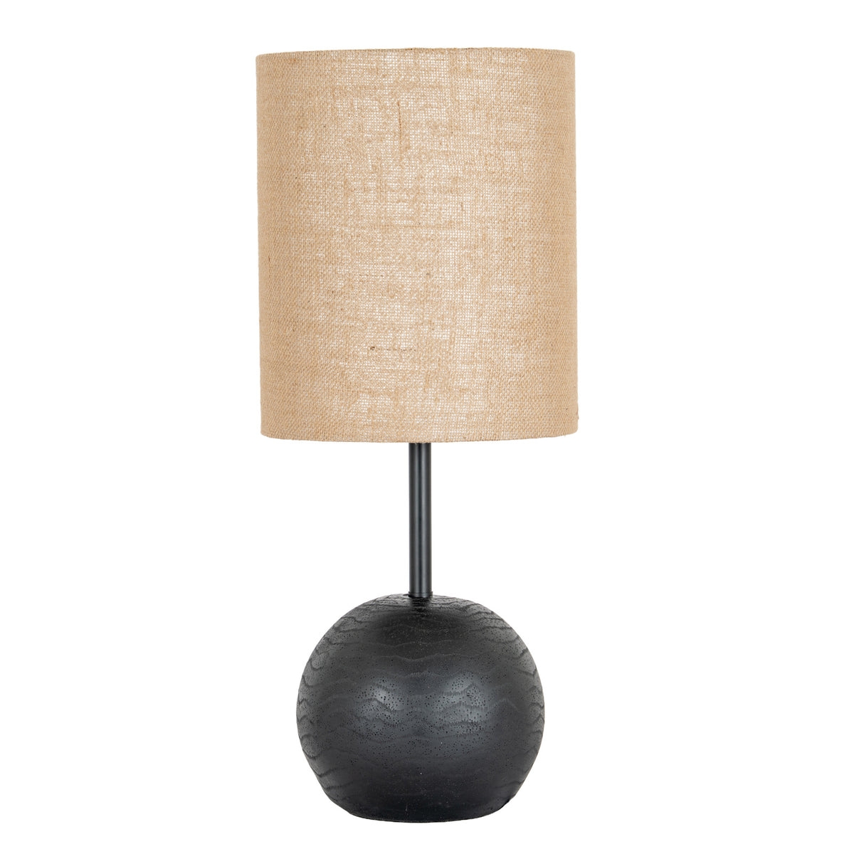 Whorl Base Table Lamp with a tall tan cylindrical shade, slim black stem and rounded patterned black base on white.
