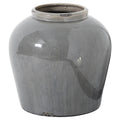 Grey crackle-glazed vase with a broad rounded body, low circular mouth and dark worn-looking patches at the rim and base.