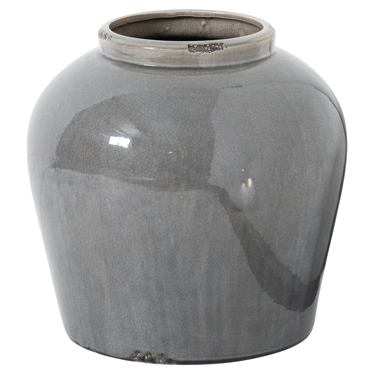 Grey crackle-glazed vase with a broad rounded body, low circular mouth and dark worn-looking patches at the rim and base.