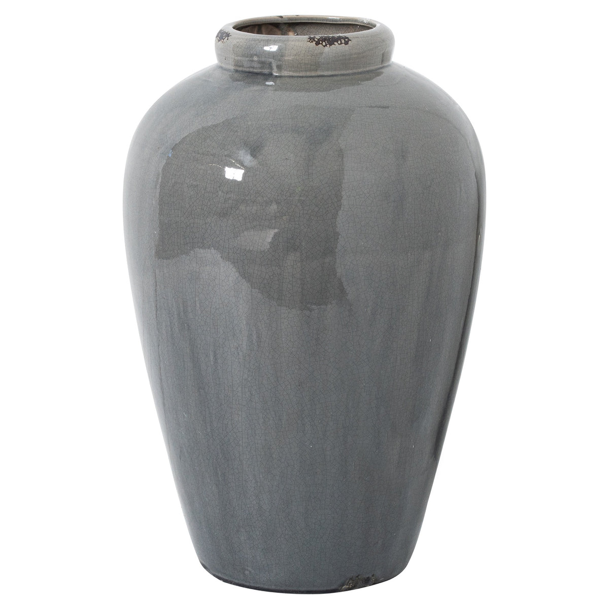 Grey crackle vase with broad rounded shoulders, a tapering body and dark patches at the rim and base, shown against white.