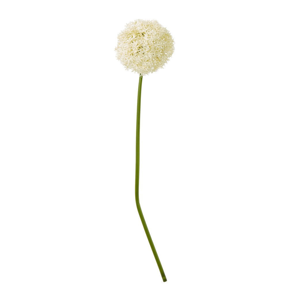 Cream artificial globe flower on a long green stem with a curve near its base, against a white background.