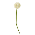 Cream artificial globe flower on a long green stem with a curve near its base, against a white background.