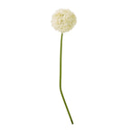 Cream artificial globe flower on a long green stem with a curve near its base, against a white background.