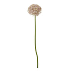 Pale lilac artificial flower stem with a spherical floret head and a long, slightly curved green stem against white.