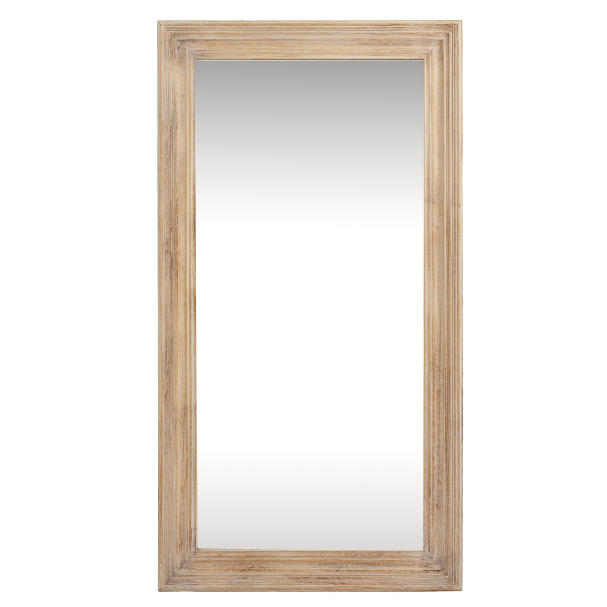 Front view of a tall rectangular wall mirror with a broad, pale frame of stepped moulded bands.