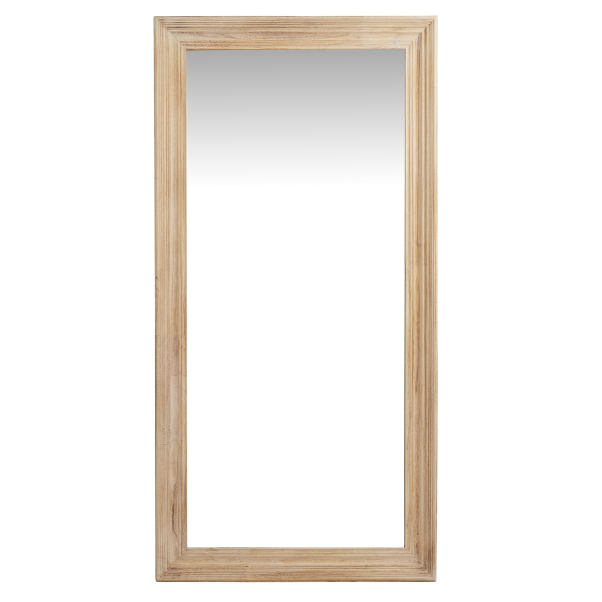 Front view of a tall rectangular mirror with a wide pale frame in stepped moulded bands.