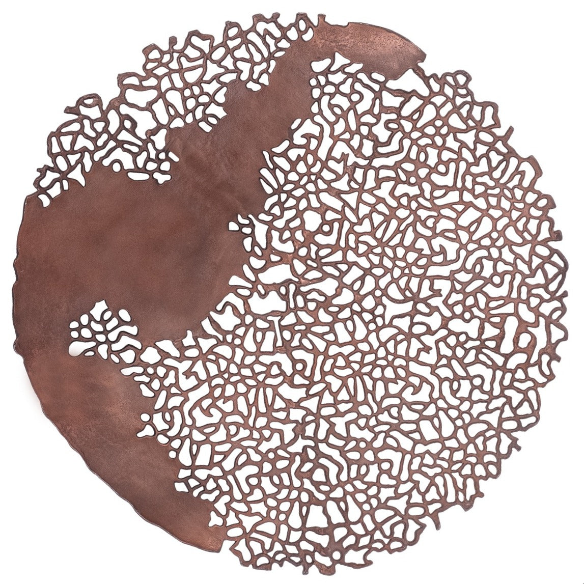 Front view of the bronze-toned circular wall panel with irregular coral-like openings and a broad solid band curving down the left.