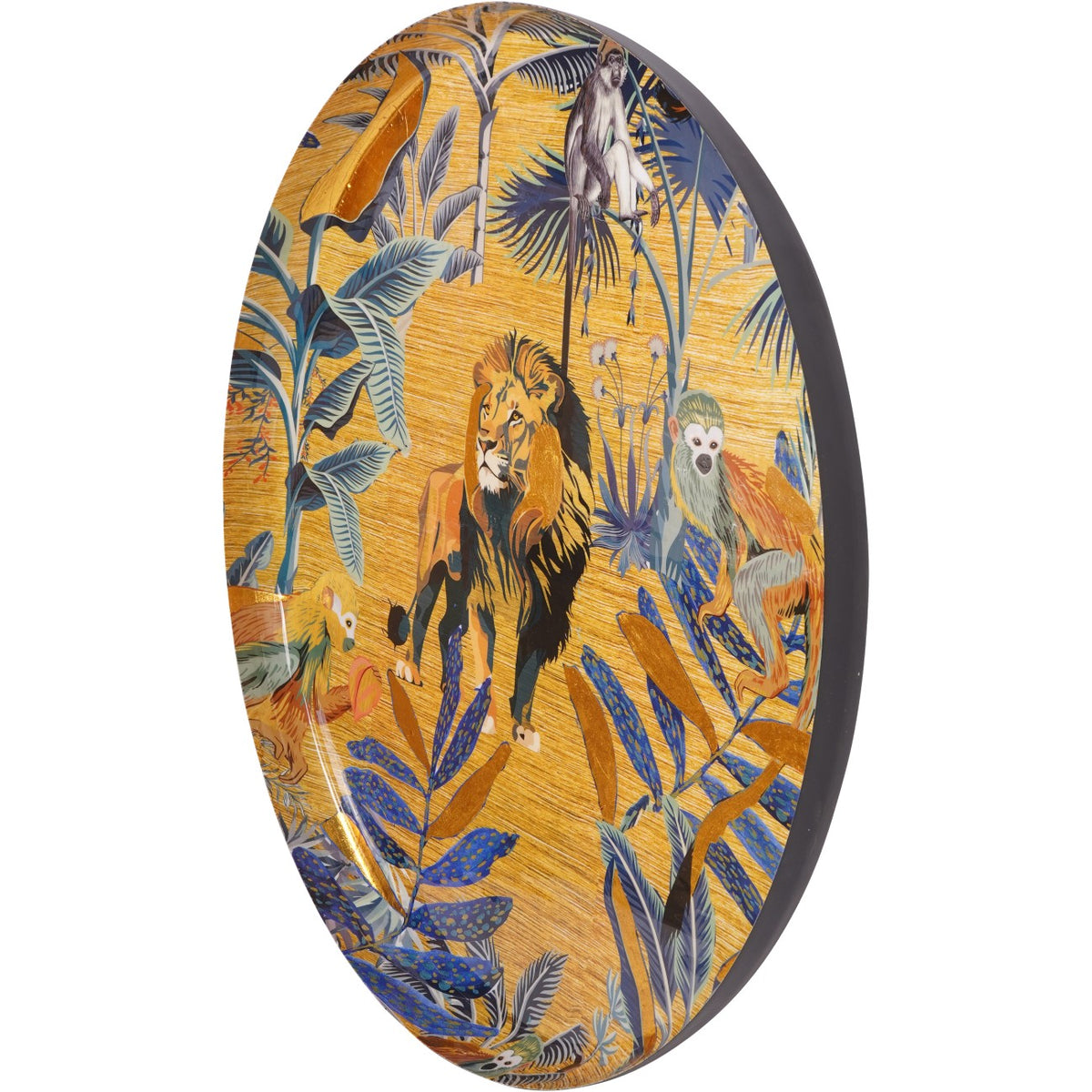 Angled view of the jungle wall panel showing its shallow curved face and dark rounded rim.