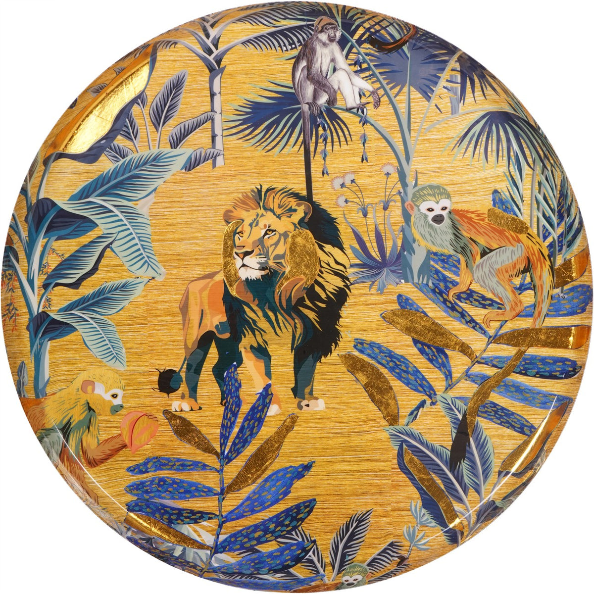 Front view of circular jungle wall art showing a lion and monkeys among blue and teal foliage on a golden yellow background.
