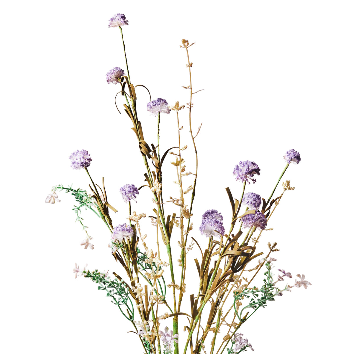 Wildflower bouquet against white, with tall lilac flowerheads, cream sprigs, small pale mauve flowers and curled brown-green leaves.