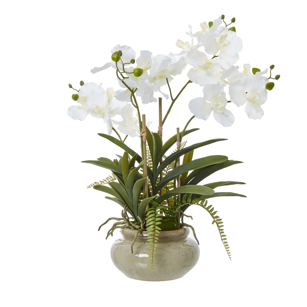 Artificial potted orchid arrangement with arching white blooms, green buds, broad leaves and trailing fern-like fronds above a rounded taupe-speckled pot.