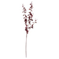 Winebranch artificial flower spray on a white background, with a long dark stem and slender branches of burgundy flowers, pointed buds and small warm-coloured centres.