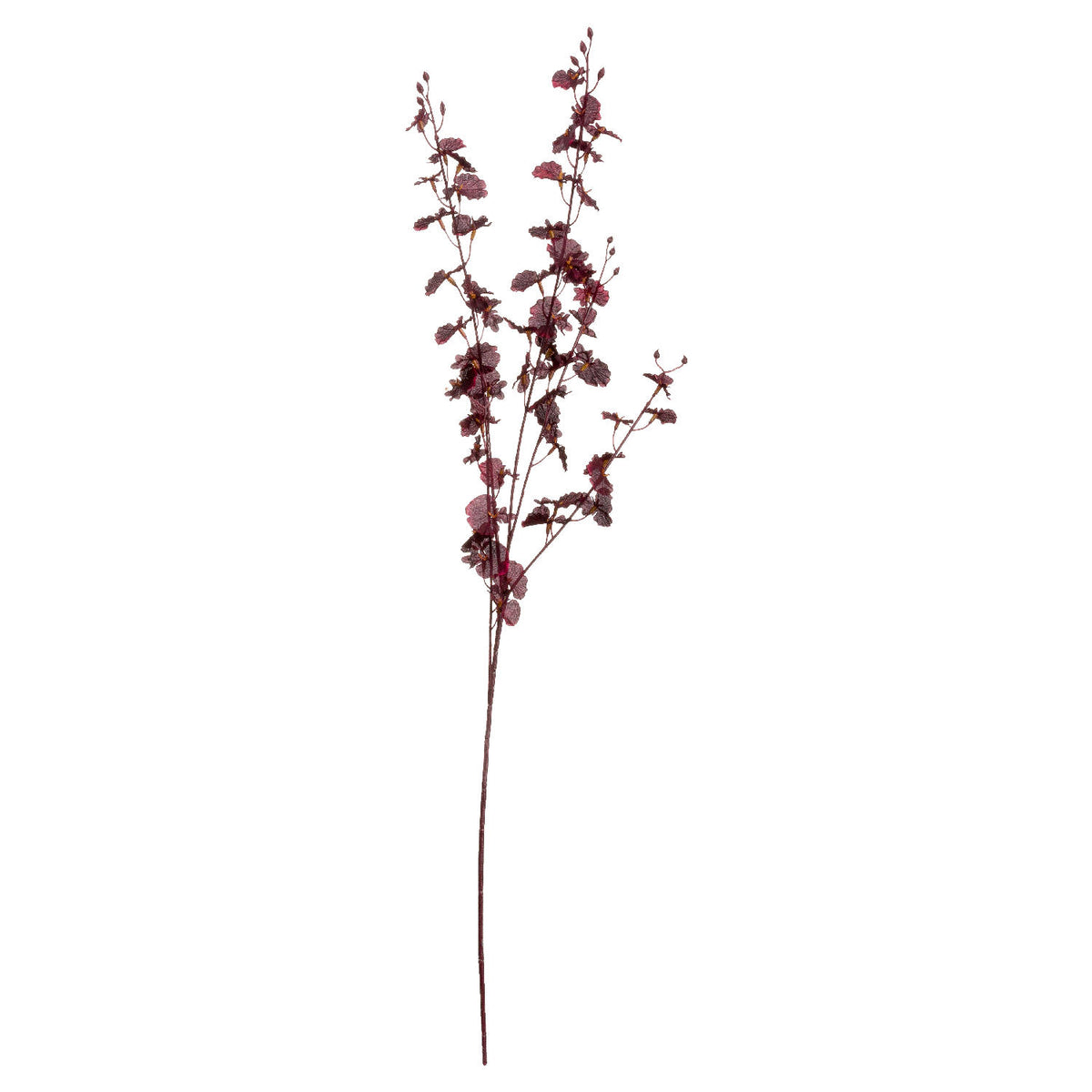 Winebranch artificial flower spray on a white background, with a long dark stem and slender branches of burgundy flowers, pointed buds and small warm-coloured centres.