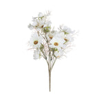 Full view of a branching artificial cosmos spray with cream-white flowers, brown-gold centres and fine pink-accented foliage against a white background.