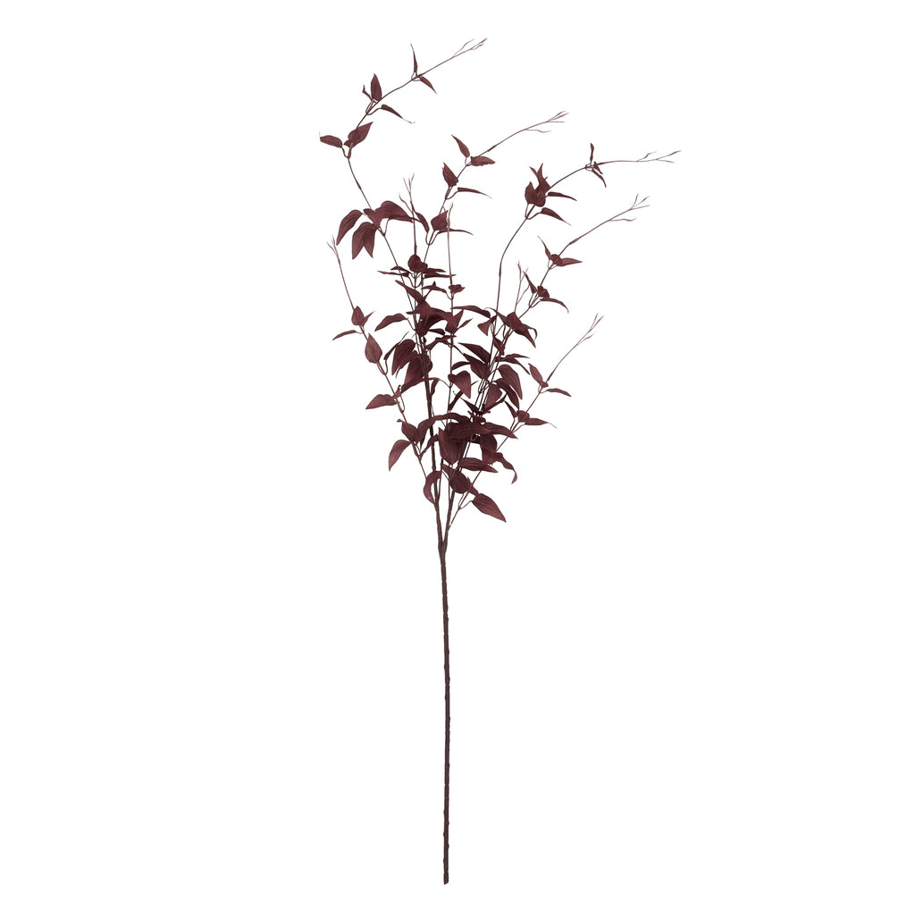 Full view of a burgundy artificial foliage stem with a long bare lower stalk, branching pointed leaves and fine tendrils against white.