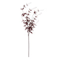 Full view of a burgundy artificial foliage stem with a long bare lower stalk, branching pointed leaves and fine tendrils against white.
