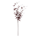 Full view of a burgundy artificial foliage stem with a long bare lower stalk, branching pointed leaves and fine tendrils against white.