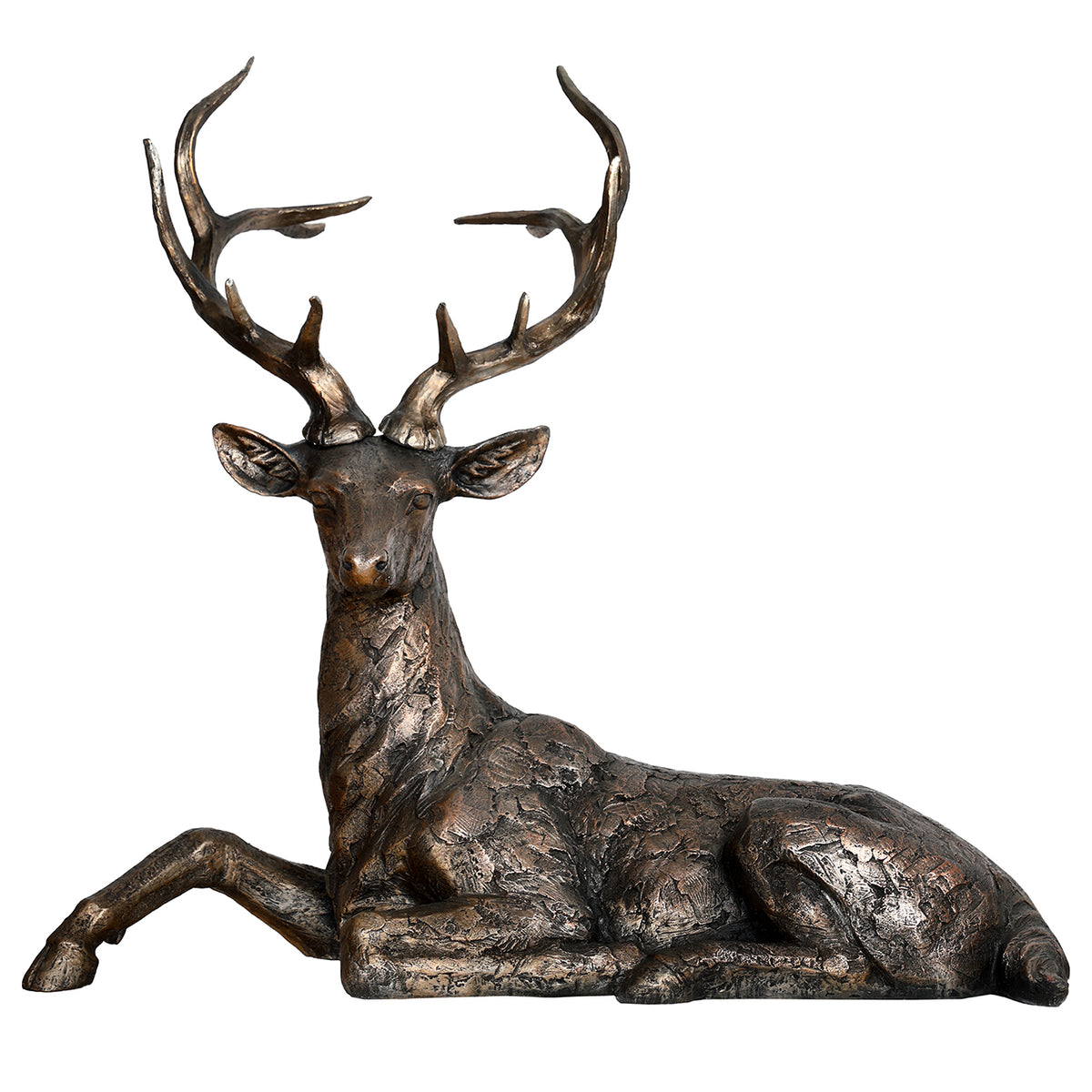 Front view of the bronze-coloured reclining stag sculpture with raised head, branching antlers and one front leg extended.