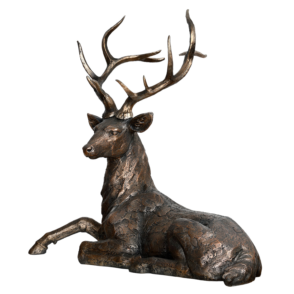 Three-quarter view of the reclining stag sculpture showing its muzzle, folded legs and rounded hindquarters.
