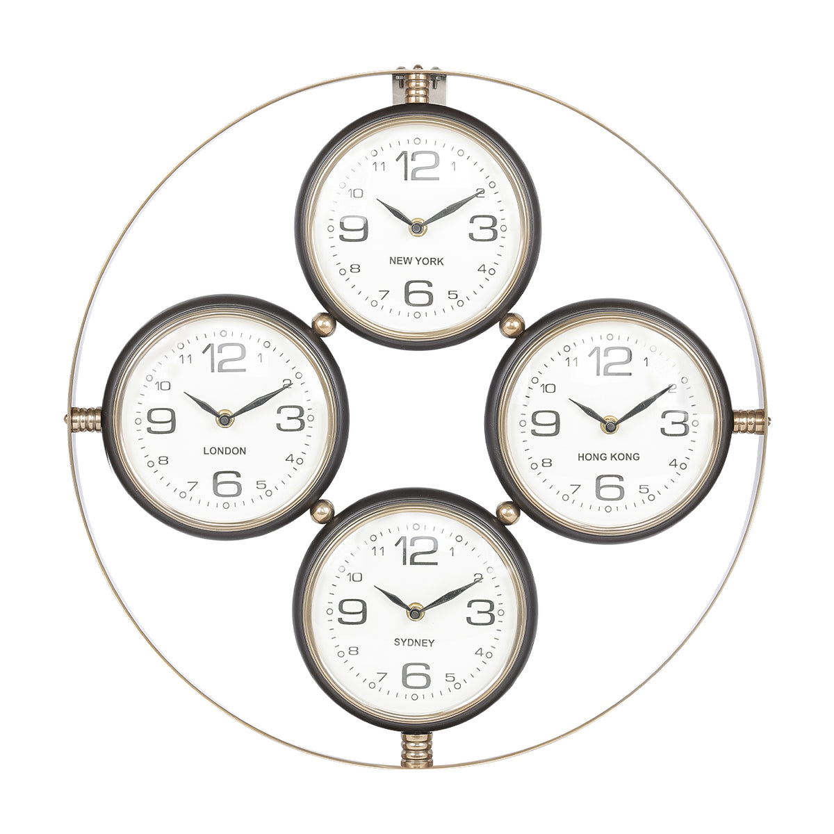 Front view of the circular wall clock with four white dials labelled New York, London, Hong Kong and Sydney.