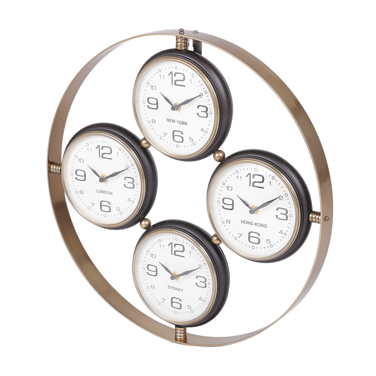 Angled view showing the brass-toned outer band and depth of the four dark brown dial housings.