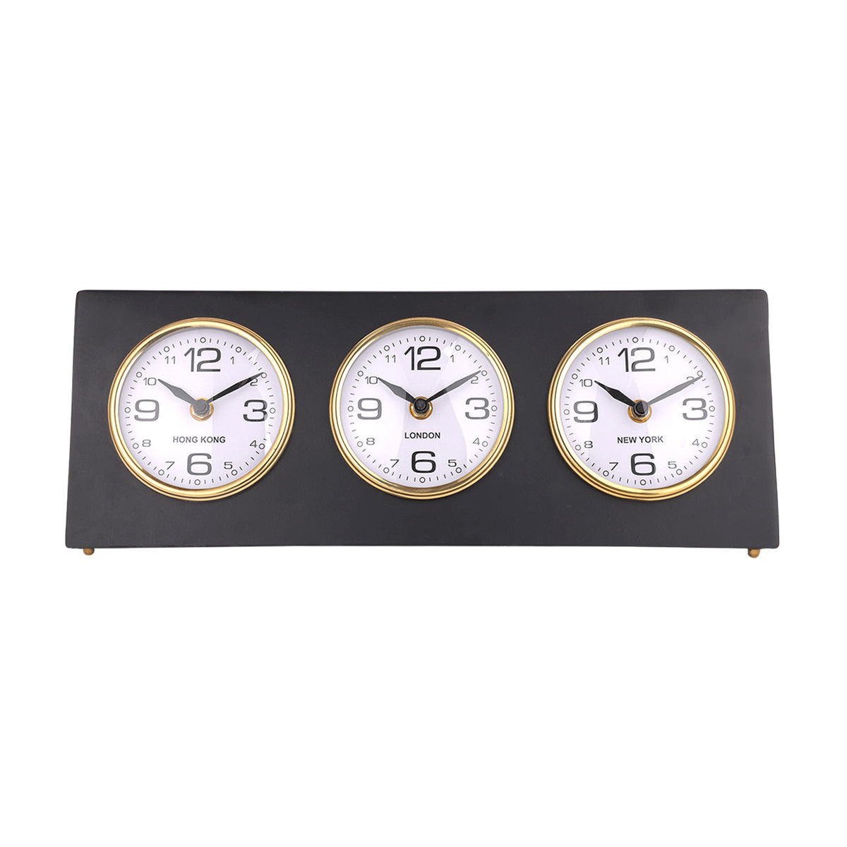 Front view of the black Worldline Desk Clock with gold-rimmed white dials labelled Hong Kong, London and New York.