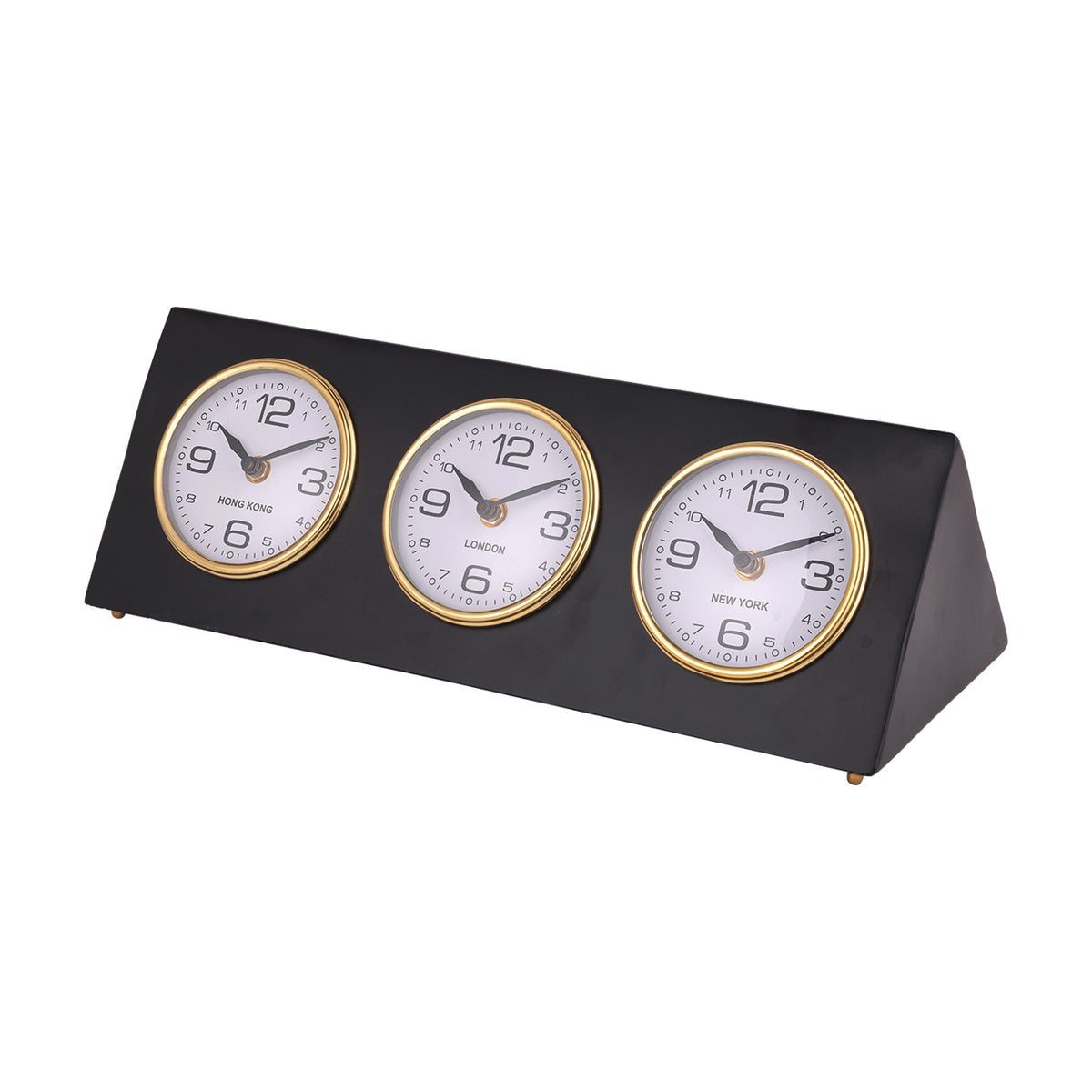 Angled view showing the three clock faces, triangular right side and small gold-coloured feet.