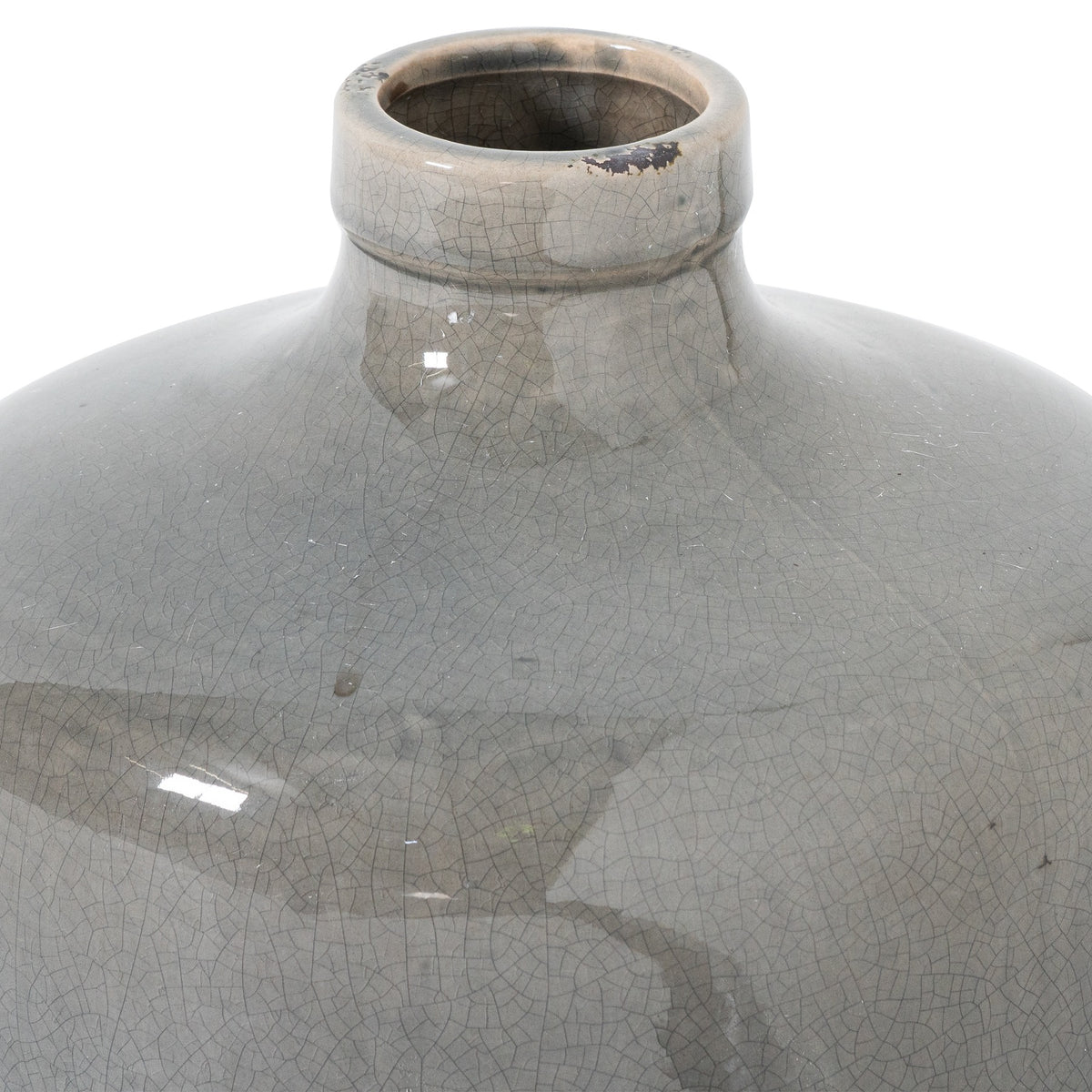 Close-up of the vase opening and rolled rim, with fine crackle lines, a dark patch along the edge and glossy reflections across the grey shoulders.