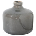 Grey ceramic vase on a white background, showing its broad rounded body, short neck, thick rolled rim and dark markings across the crackle glaze.