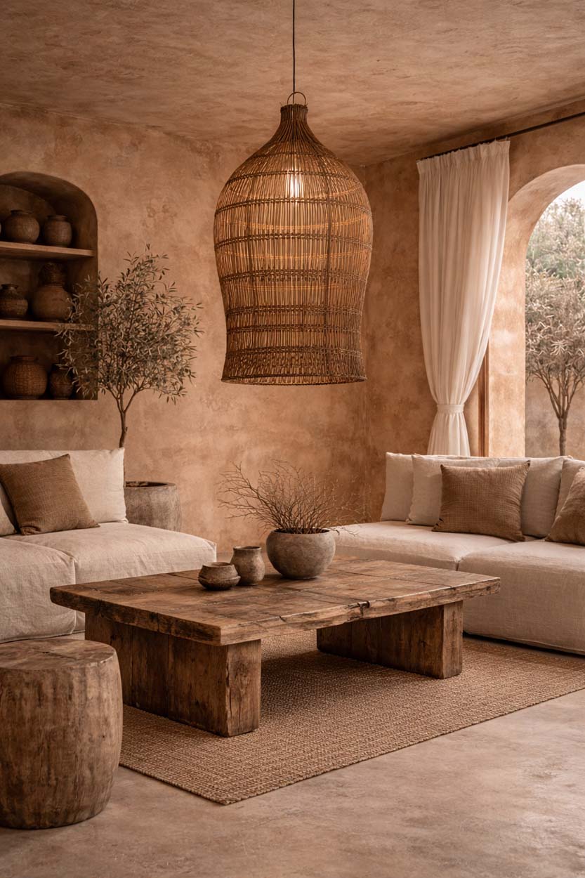 Woven Bell Bamboo Pendant Light – Dark Walnut, Extra Large — styled in a warm living room