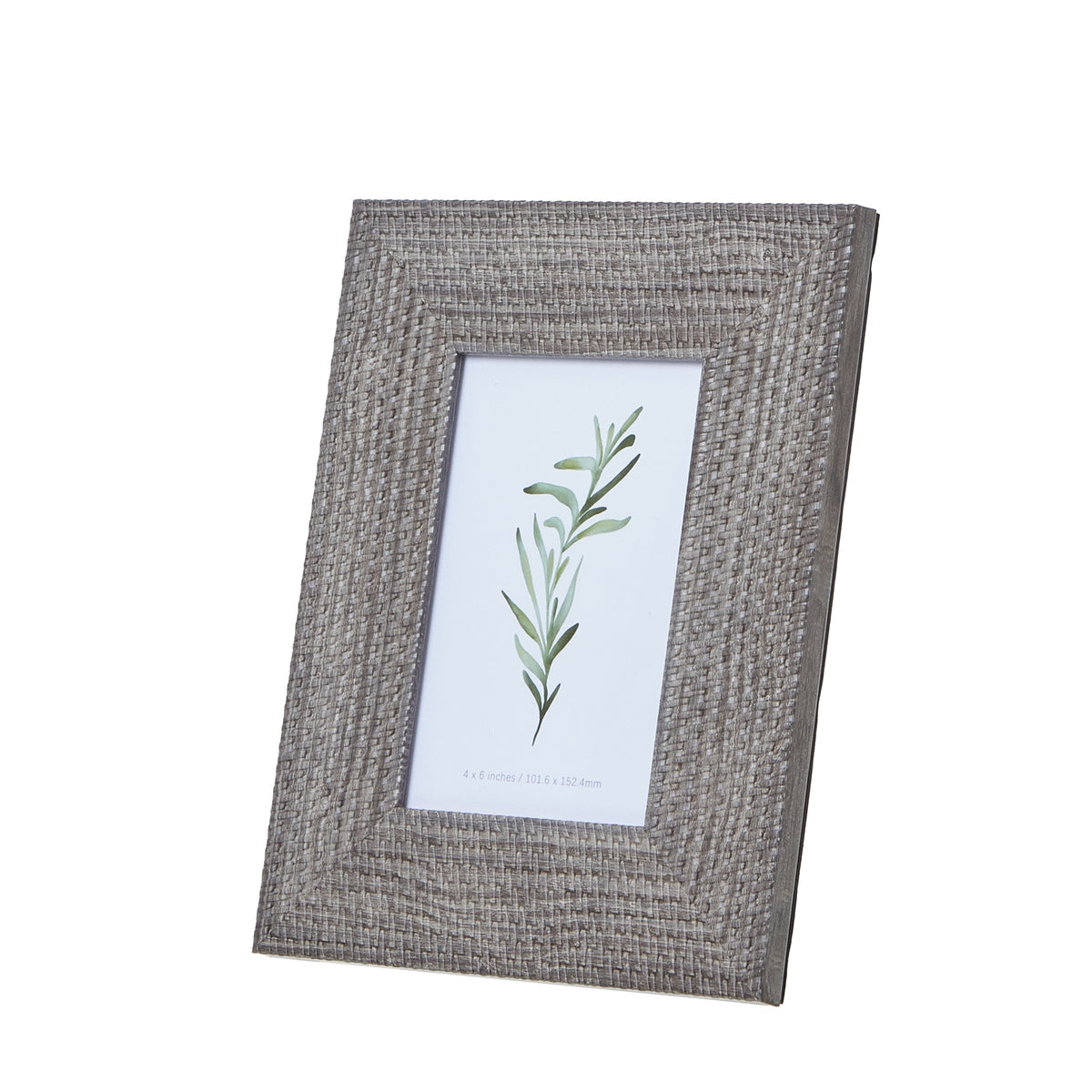 Angled front view of a grey-brown photo frame with a broad woven-texture border and a green botanical illustration in the opening.