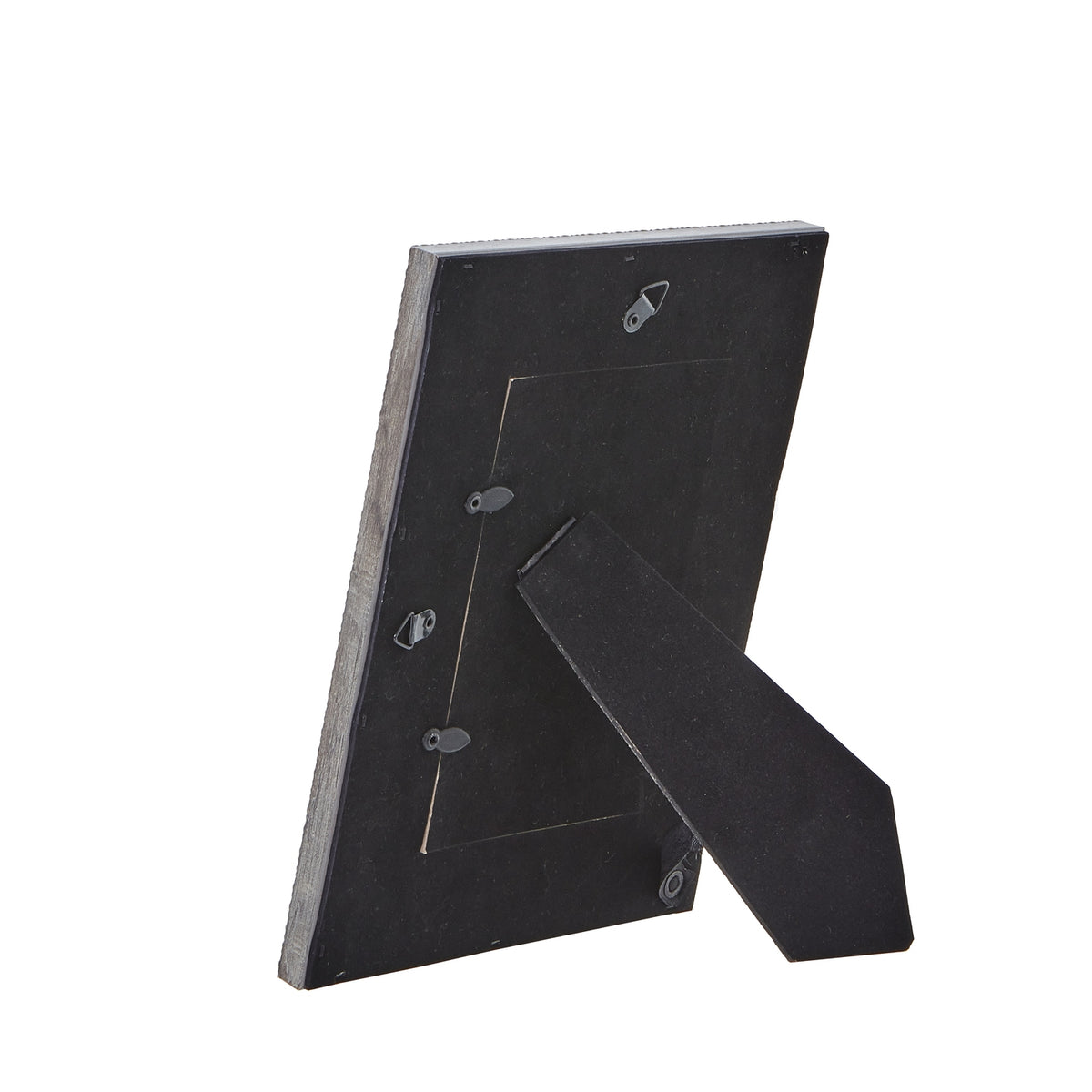 Rear view of the photo frame showing the dark back panel, turn tabs, hanging loops and open easel stand.