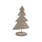 Full view of a pale tan-grey woven tree ornament with four stepped tiers on a slender dark rod and round washed-brown base.