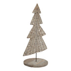 Angled view of the standing tree ornament showing its thin tiered profile, open weave and circular base.