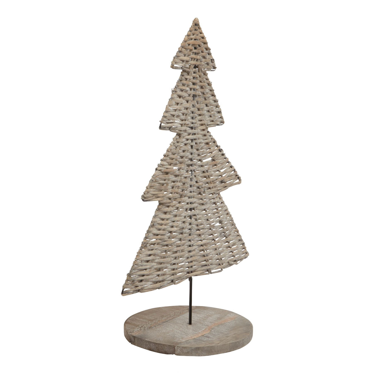 Angled view of the standing tree ornament showing its thin tiered profile, open weave and circular base.