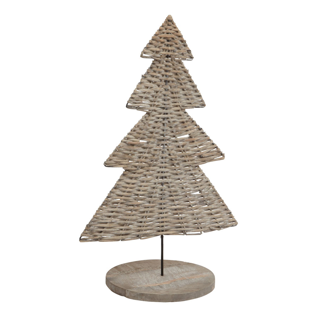 Front view of a pale tan-grey woven four-tier tree ornament on a slender dark rod and round washed-brown base.