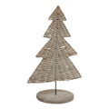 Front view of a pale tan-grey woven four-tier tree ornament on a slender dark rod and round washed-brown base.