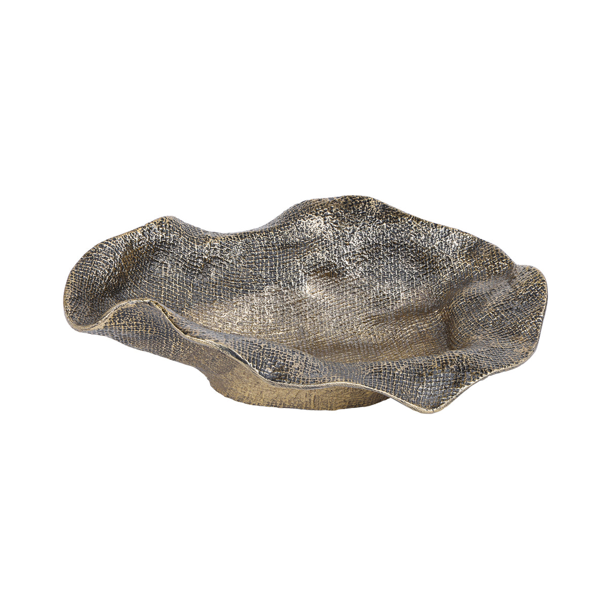 Lower angled view of the antique brass finish bowl, showing the raised base and rippling oval edge.