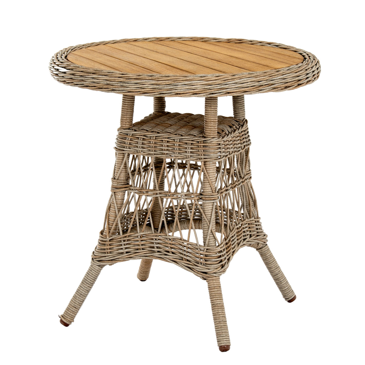 Round bistro table with a brown slatted top, thick beige woven rim and four splayed wrapped legs against a white background.