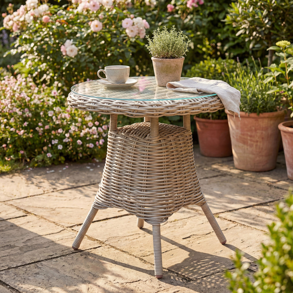 Woven bistro table styled on stone paving with a cup and saucer, potted plant and pale cloth, surrounded by pink flowers and terracotta pots.