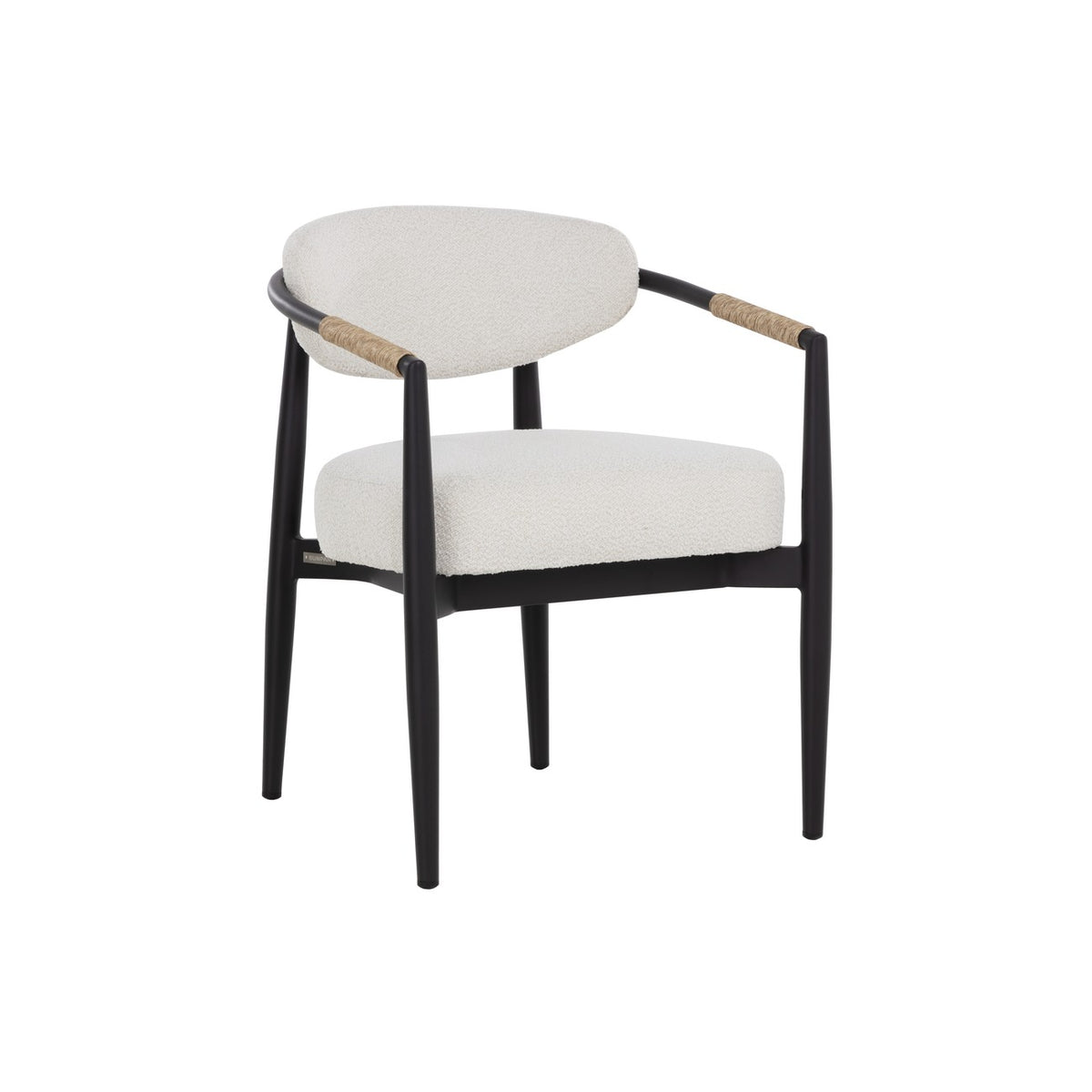 Three-quarter view of a black dining armchair with cream seat and back cushions and tan woven arm wraps against a white background.
