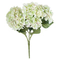 Full view of the green and cream artificial bouquet, with rounded flower heads, broad dark green leaves and stems gathered into a wrapped handle.