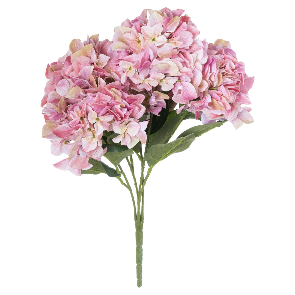 Full view of a pink artificial flower bouquet with rounded flower heads, broad green leaves and stems gathered into a wrapped handle.