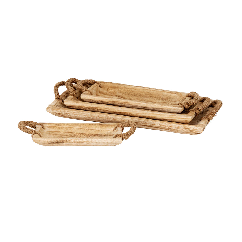Small rectangular tray placed in front of three nested trays, showing shallow interiors, darker grain and wrapped loop handles.