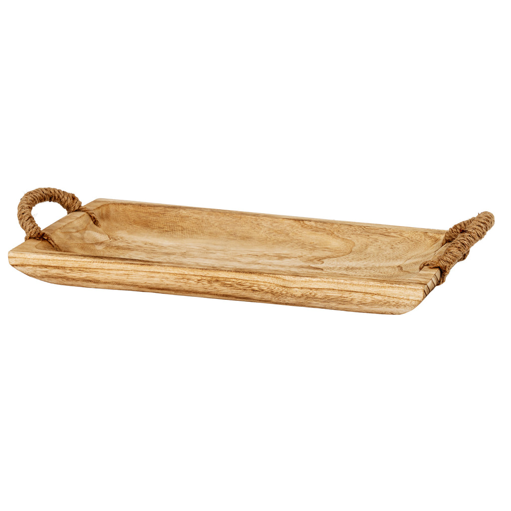 Single broad rectangular tray viewed at an angle, showing its recessed interior, raised rim and tan loop handles at the short ends.
