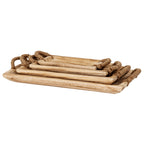 Four graduated golden-brown rectangular trays nested together, with wrapped tan loop handles visible at both ends.