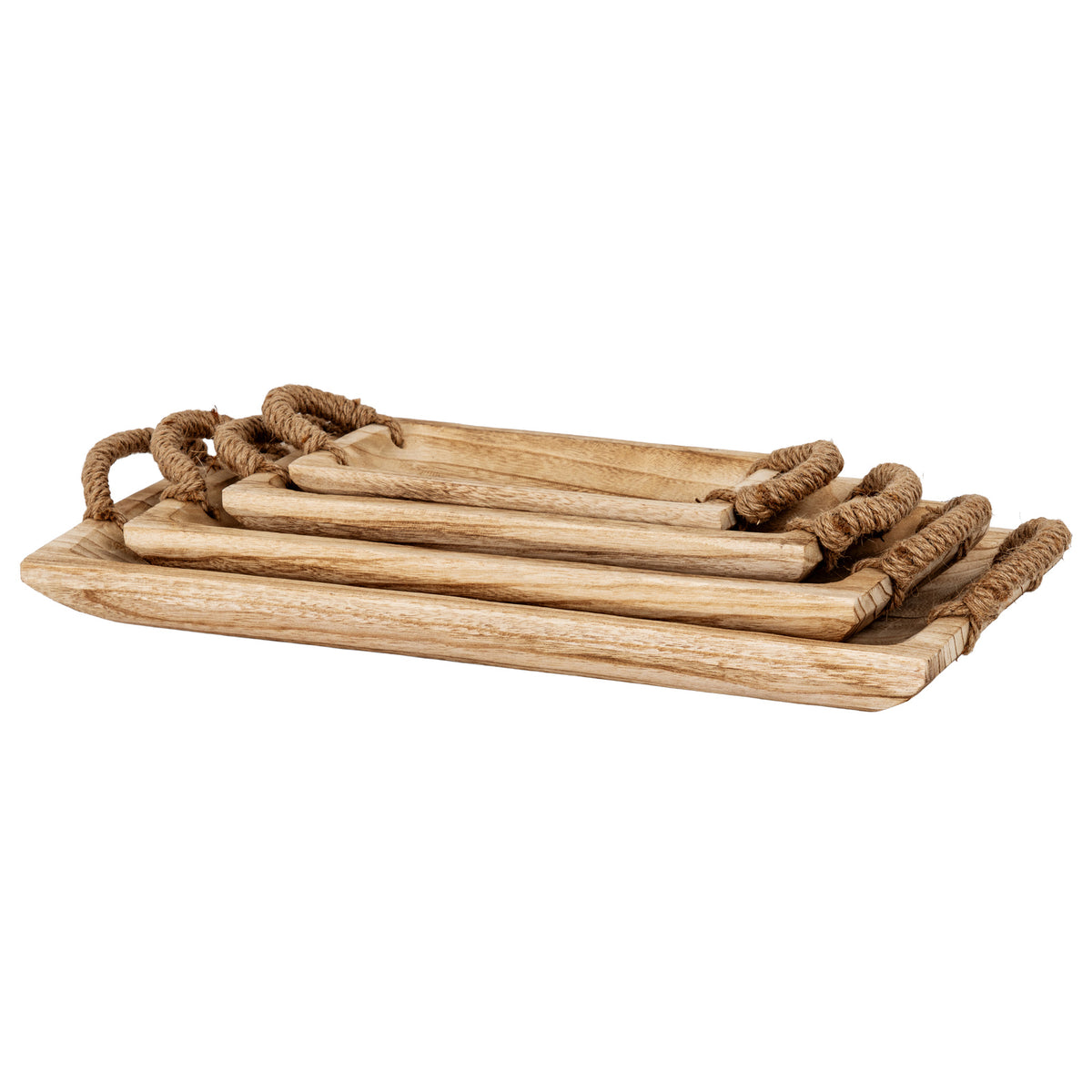 Four graduated golden-brown rectangular trays nested together, with wrapped tan loop handles visible at both ends.