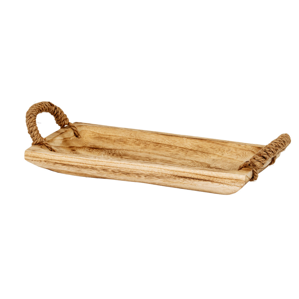 Single rectangular tray with prominent darker grain across its shallow interior, an upright left loop handle and an angled right handle.