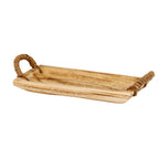 Single rectangular tray with prominent darker grain across its shallow interior, an upright left loop handle and an angled right handle.