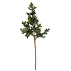 Full view of the artificial foliage swag against white, with a long brown stem branching into green fir-like sprays and small pinecones.